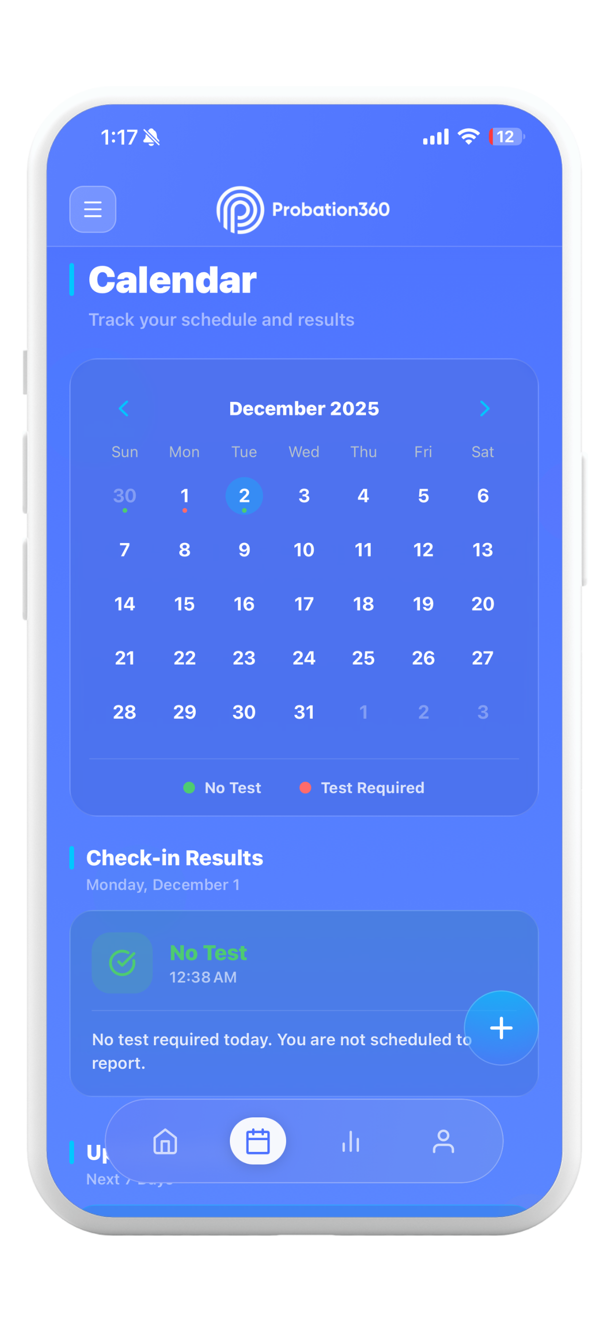 Probation360 calendar view showing daily drug test results and test required markers