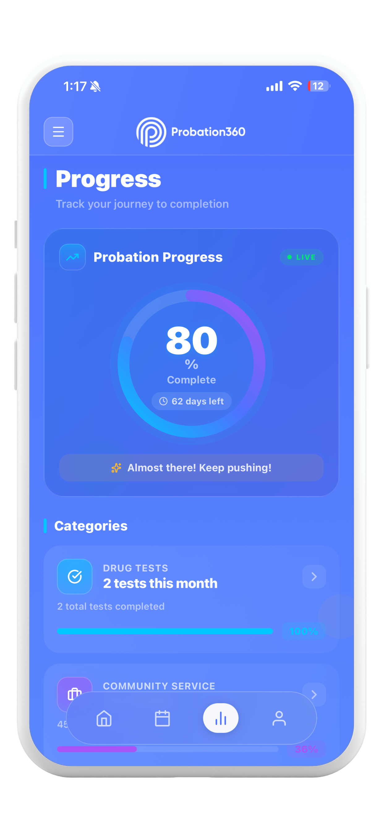 Probation360 probation progress dashboard with days left and days done