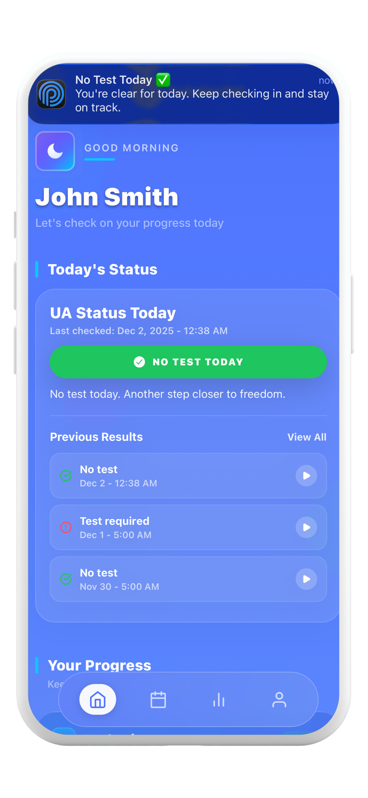 Probation360 home screen showing No Test Today drug test alert