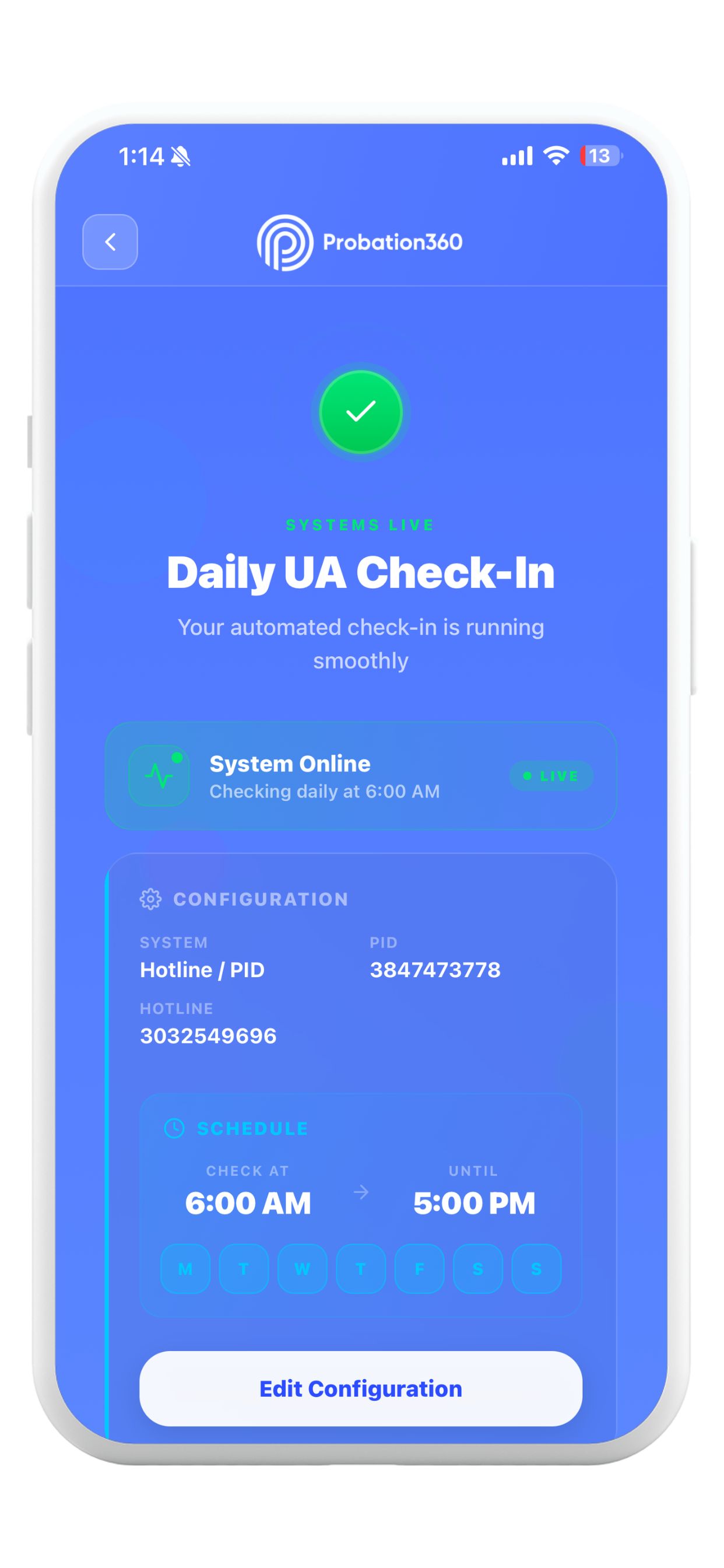 Probation360 AI daily check-in automation settings screen
